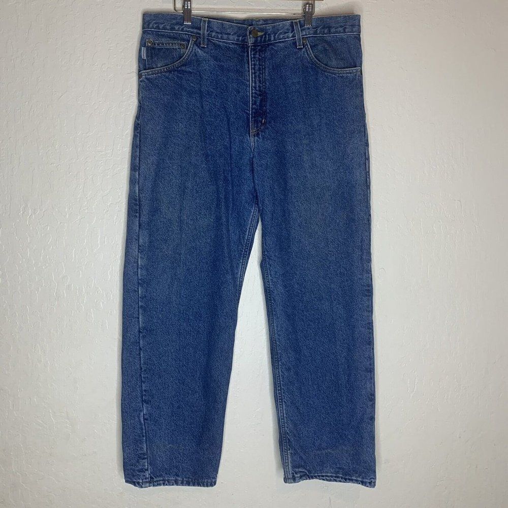 CARHARTT Blue Denim FLANNEL Lined Jeans Pants Mens Size 38x30 MADE IN USA